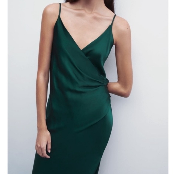 Zara Draped Slip Dress Medium Dark Emerald Green - Picture 3 of 16